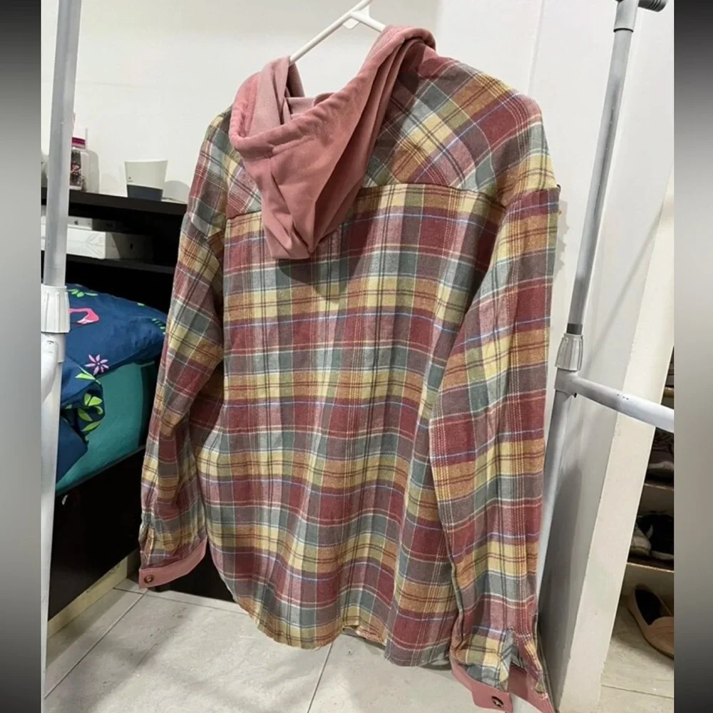 Classic Plaid Checkered Hoodie Button Down Up Shirt Top - Picture 7 of 7